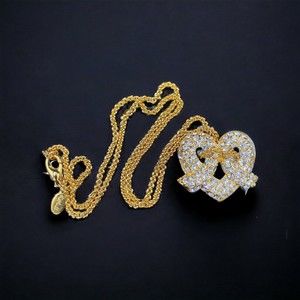 Vintage Kenneth Jay Lane KJL Gold Pave Rhinestone Heart Pendant Signed 21"